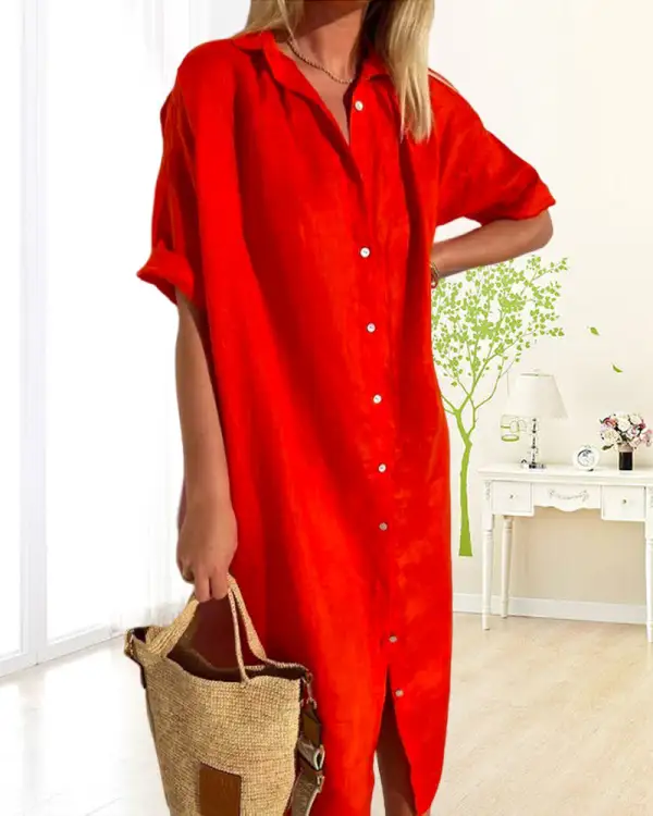 Women's Shirt Short-Sleeve Button-Detail Summer Dress