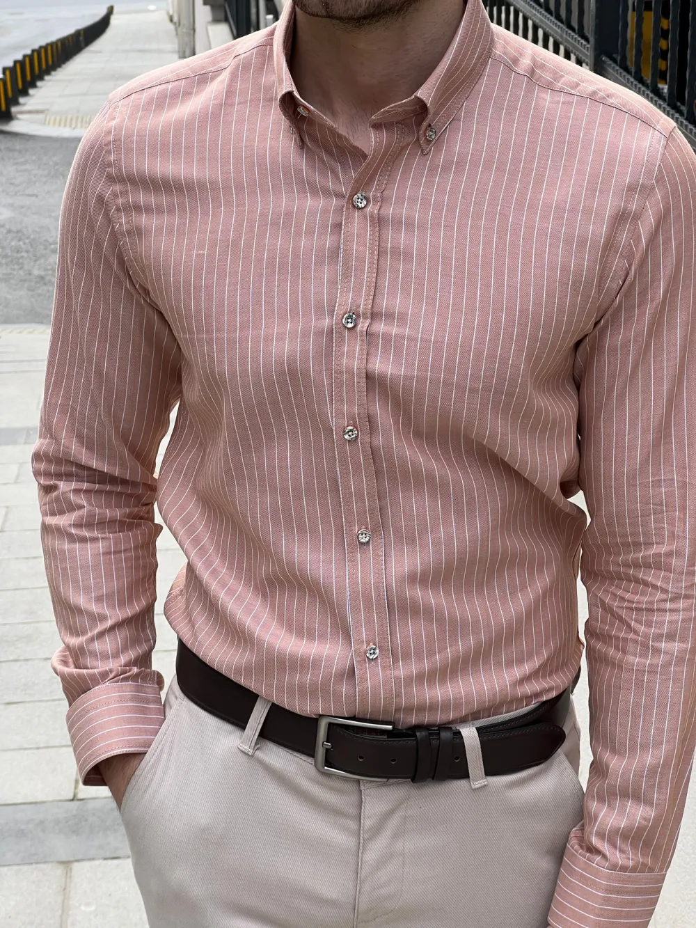 Textured Button Collar Slim Fit Striped Cotton Casual Shirt