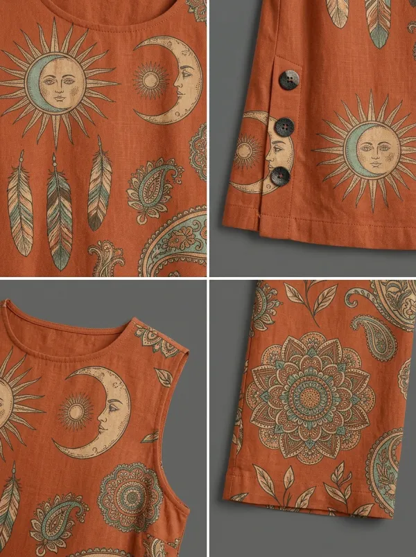 Women's Bohemian Sun Moon Feather Printed Sleeveless Set