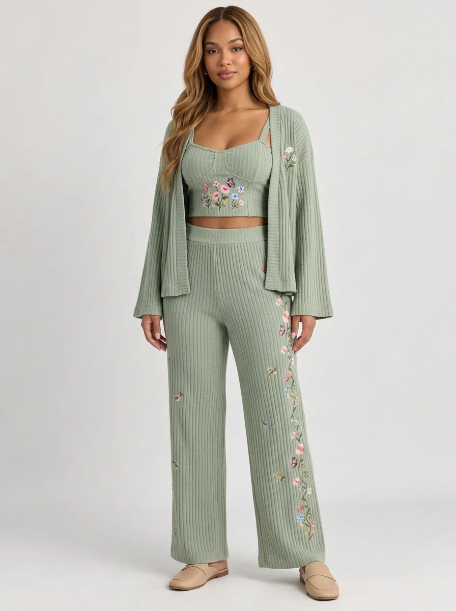 Women's Floral Embroidery Ribbed Knit 3-Piece Set