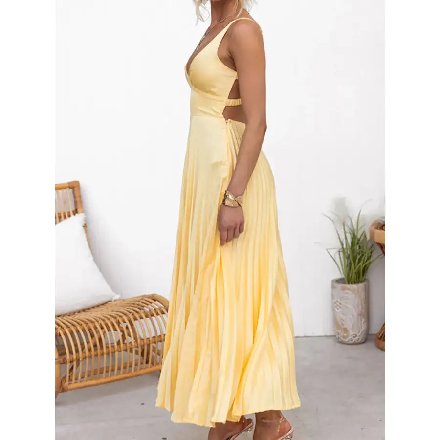 Pleated V Neck Sleeveless Maxi Dress