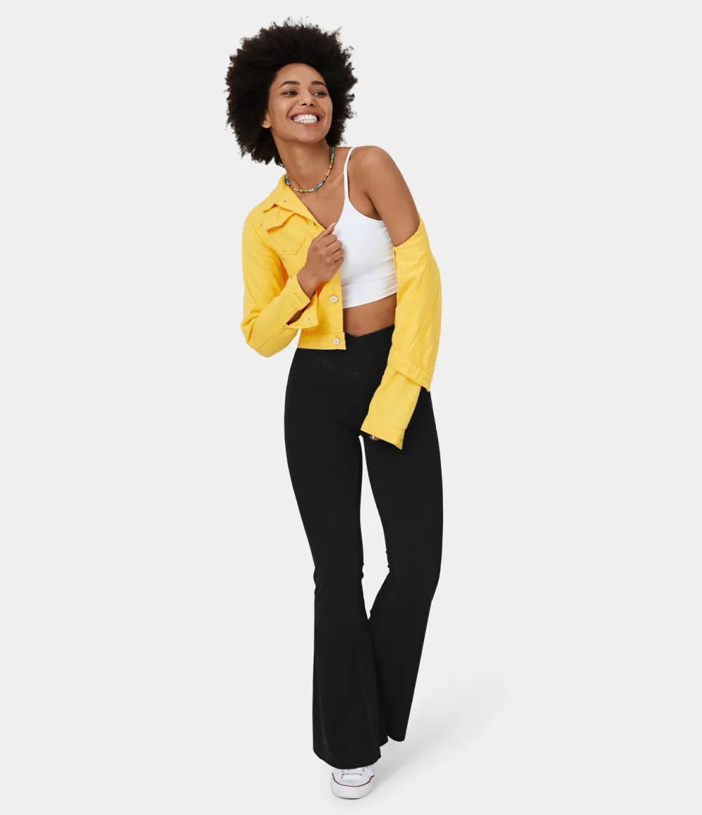Magic High Waisted Crossover Pocket Cool Touch Washed Stretchy Knit Casual Super Flare Jeans
