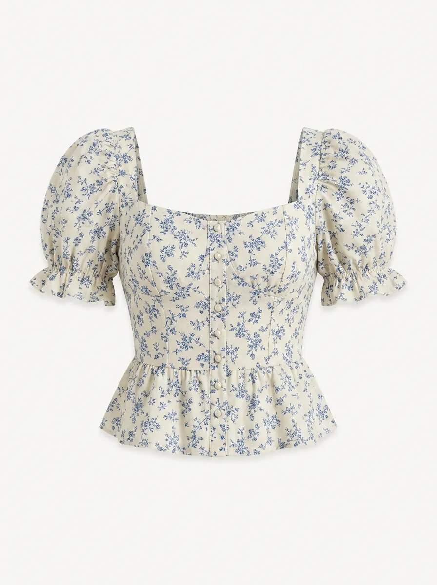 Women's Down Printed Top Vintage Floral Puff Sleeve Button