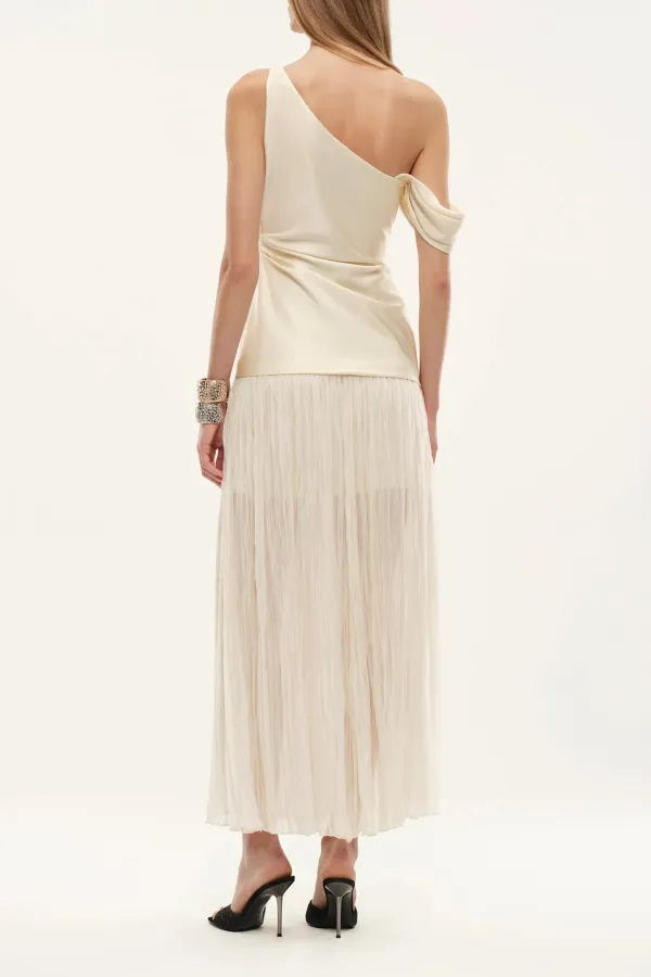 One Shoulder Pleated Ruched Silk Maxi Dress