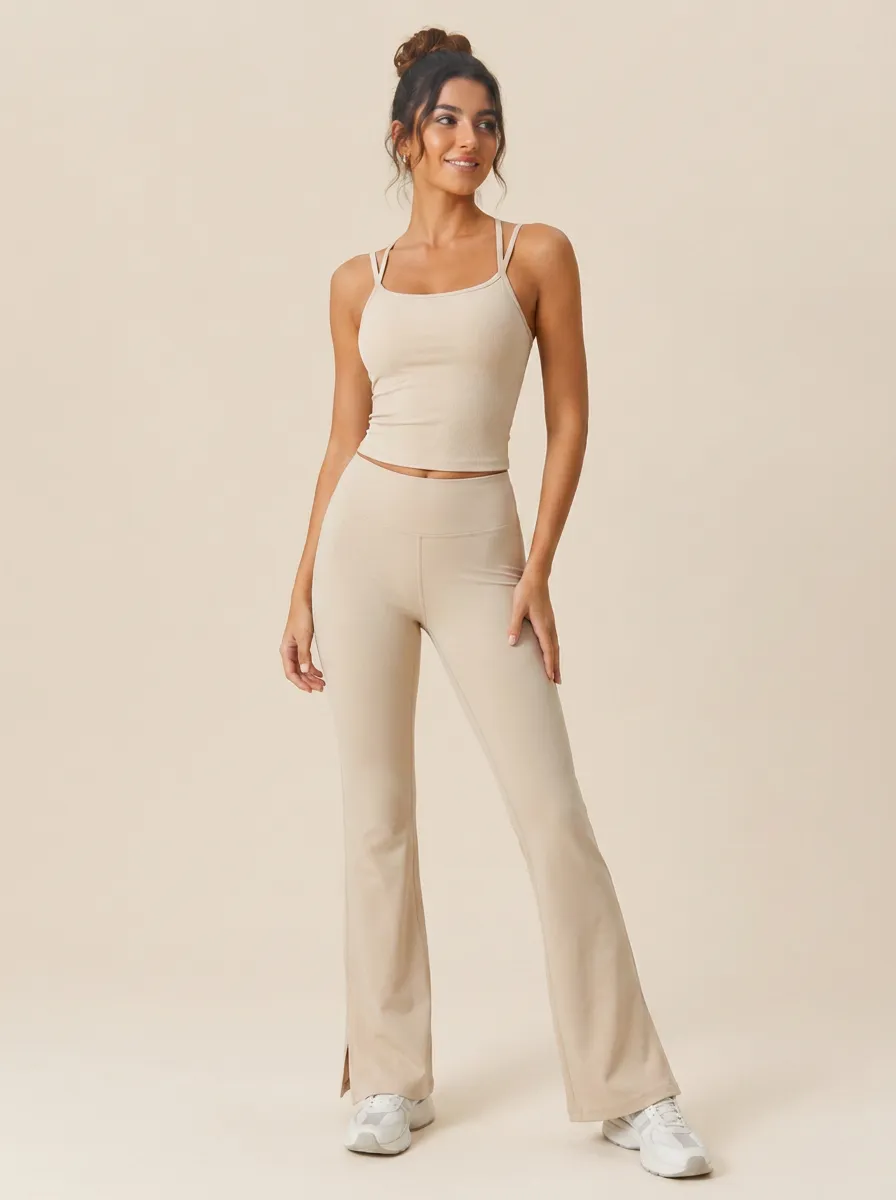 Women's Beige Ribbed Yoga Tank Flare Leggings Matching Set