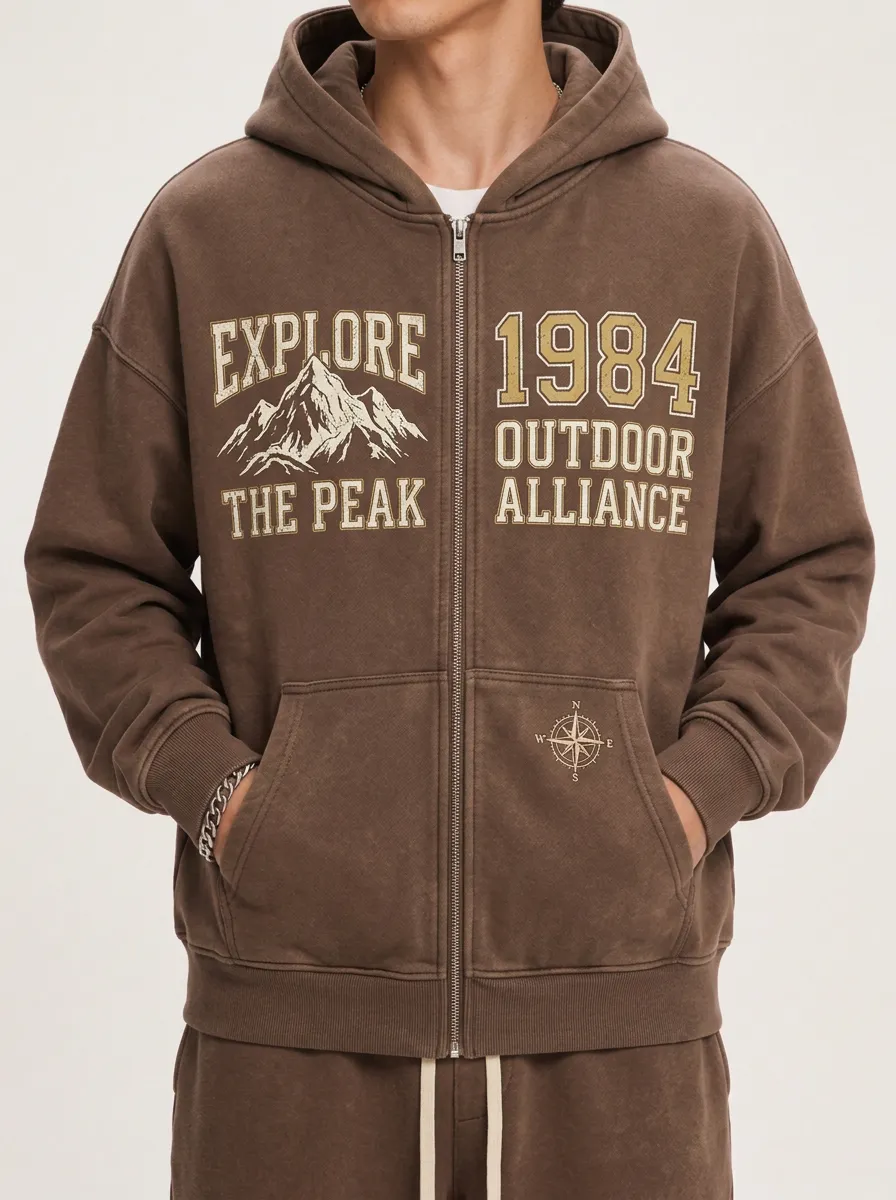Men's Outdoor Adventure Mountain 1984 Printed Zip Up Hoodie