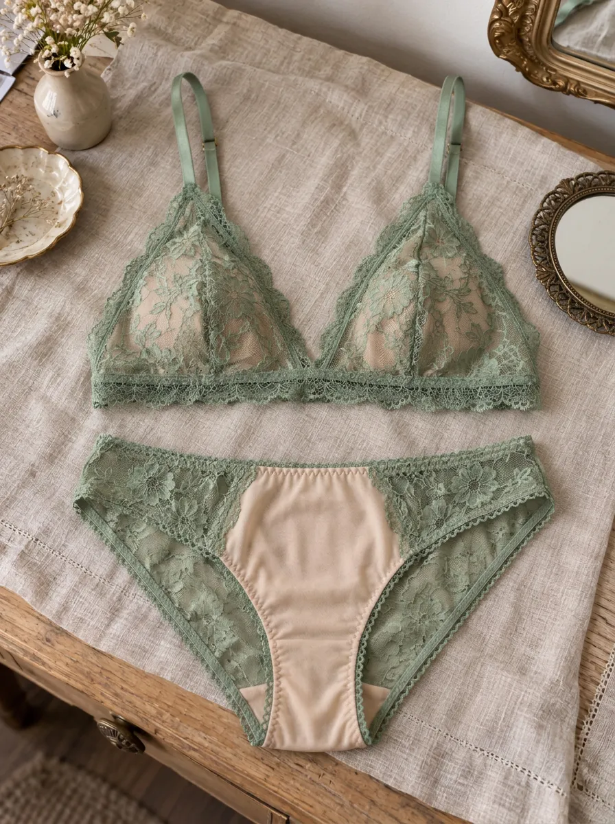 Women's Floral Lace And Floral Triangle Bralette Lingerie Set
