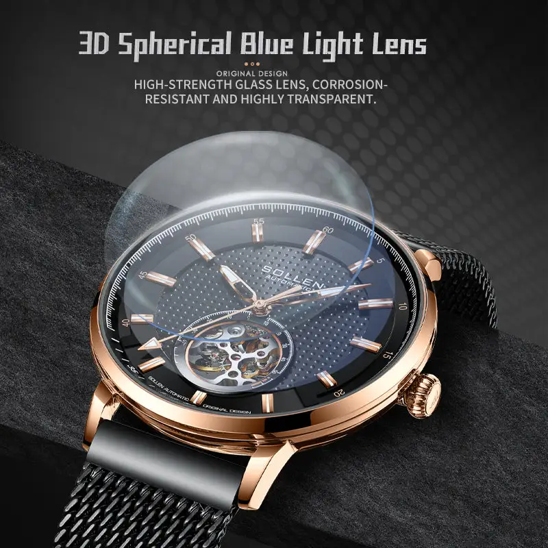 Sollen SL362 Men's Open Heart Automatic Mechanical Watch - 42mm Stainless Steel Case Slim 9.9mm Ice Blue Luminous Markers Mesh Bracelet Wristwatch