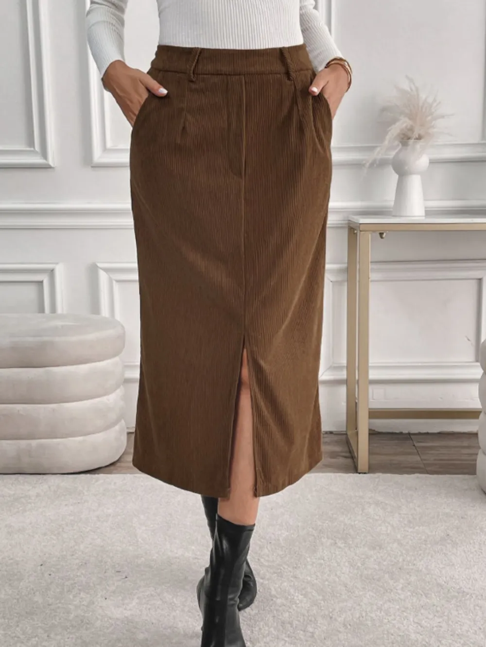 Pocket Side Slit Midi Skirt