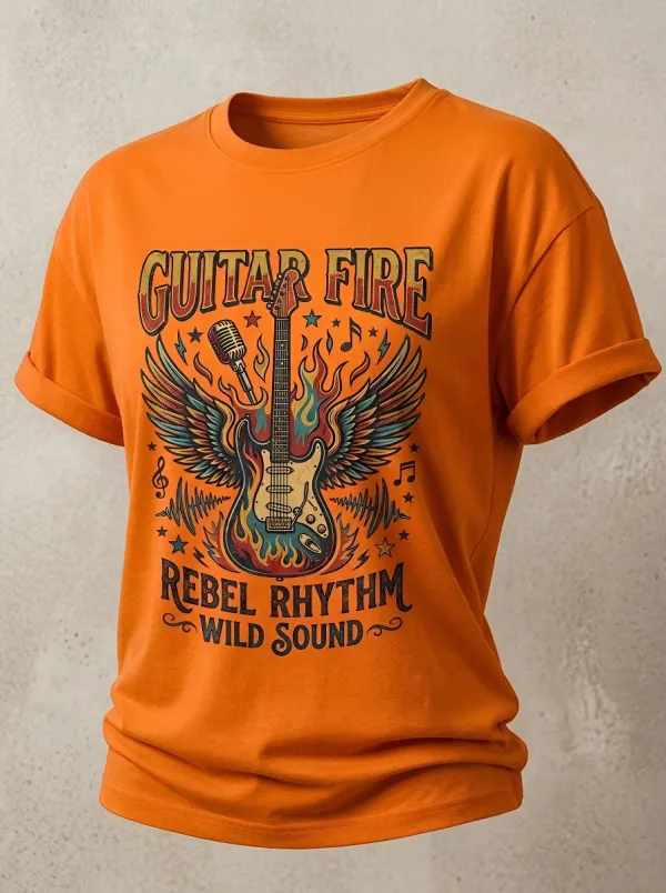 Unisex Rock Music Lover Guitar Fire Wings Printed T-shirt