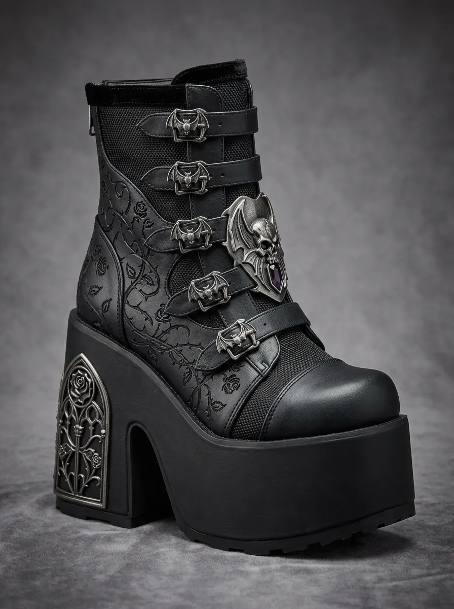 Darkwave Skull Bat Rose Alternative Look Women's Gothic Platform Boots