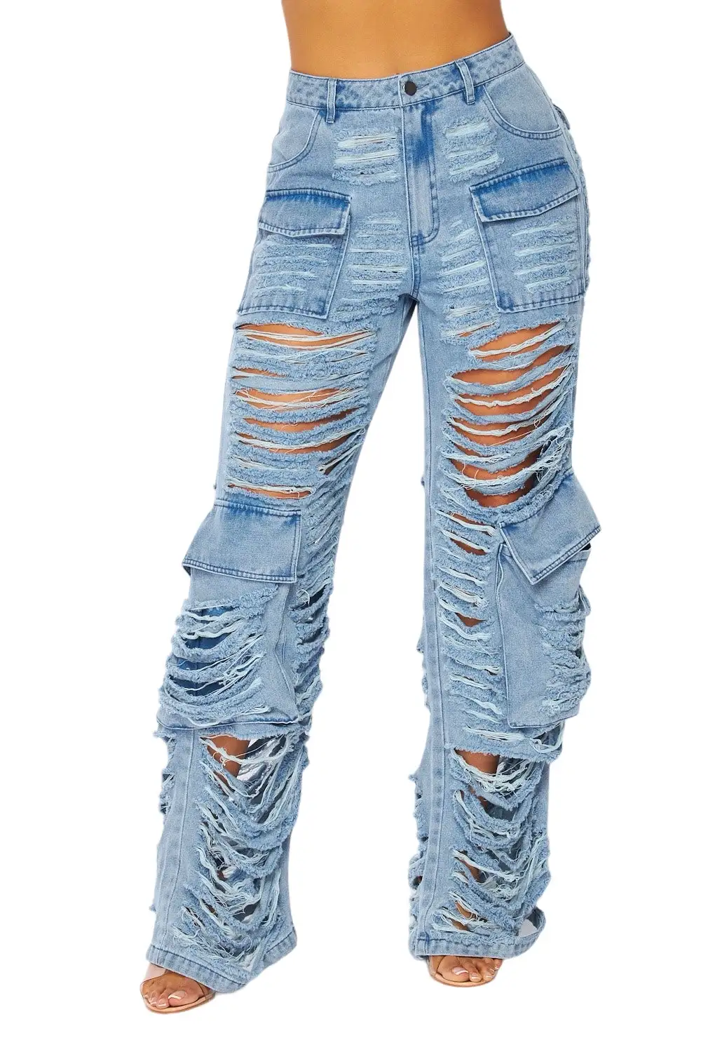 Women's Wide Leg Distressed Denim Cargo Pants