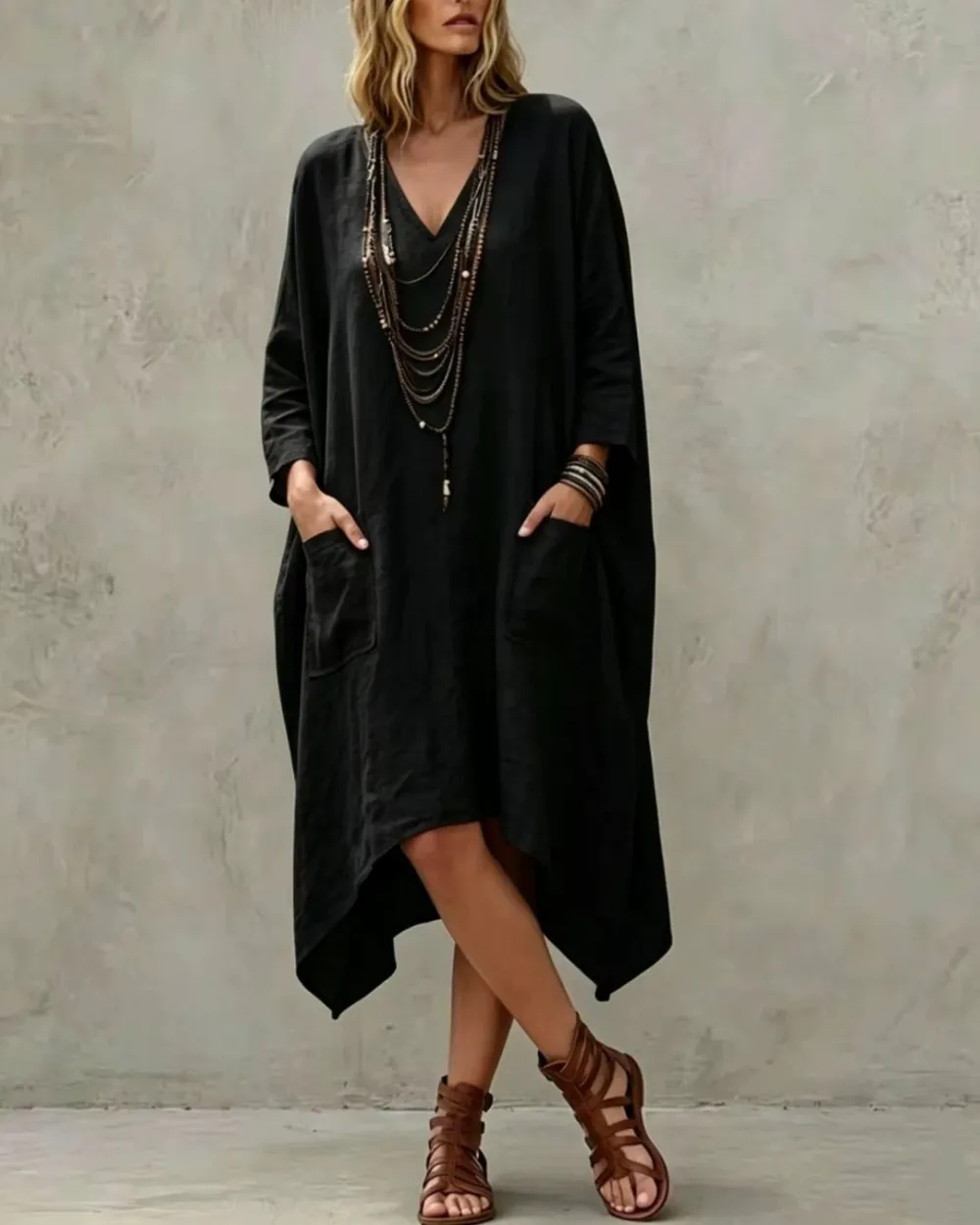 Relaxed V-Neck Asymmetrical Dress
