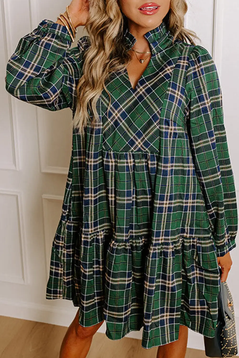 Relaxed Shape Plaid Printed Ruffle Mini Dress