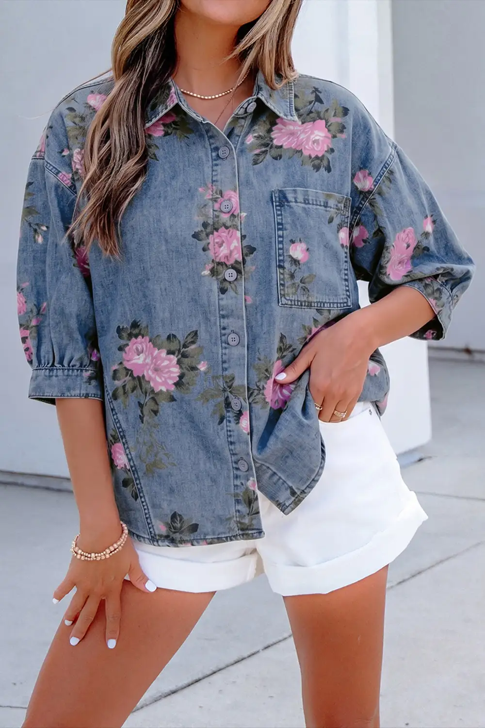 Women's Floral Print Denim Bracelet Sleeve Blouse