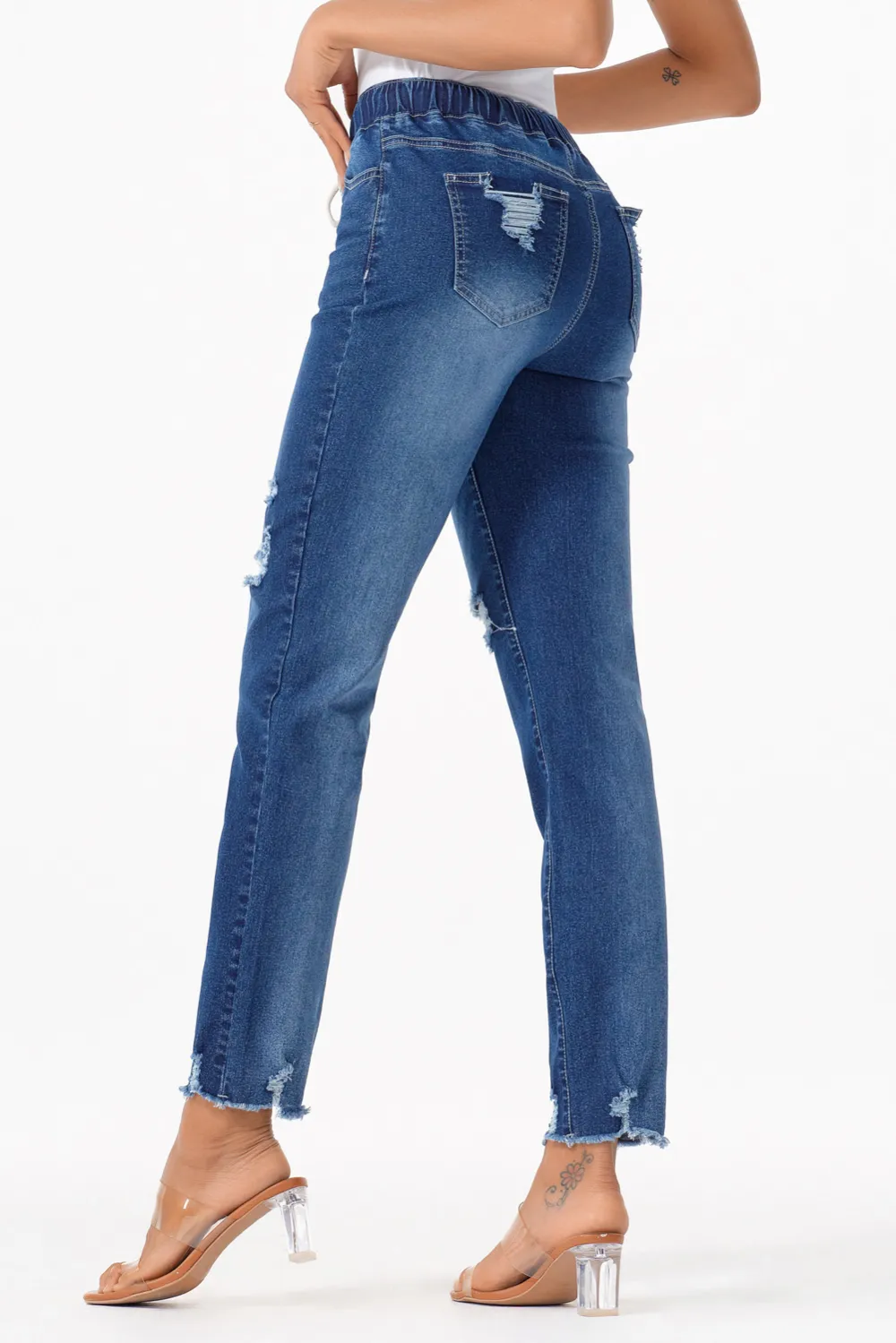 Dark Blue Raw Hem Straight Jeans