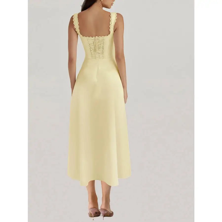 Scalloped V-Neck Midi Dress with Back Lace-Up