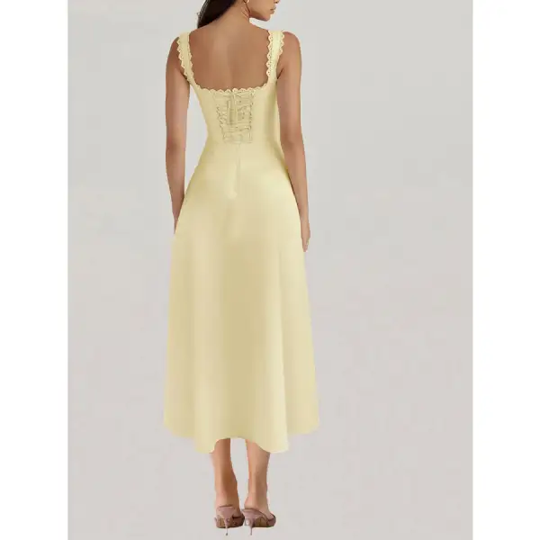 Scalloped V-Neck Midi Dress with Back Lace-Up