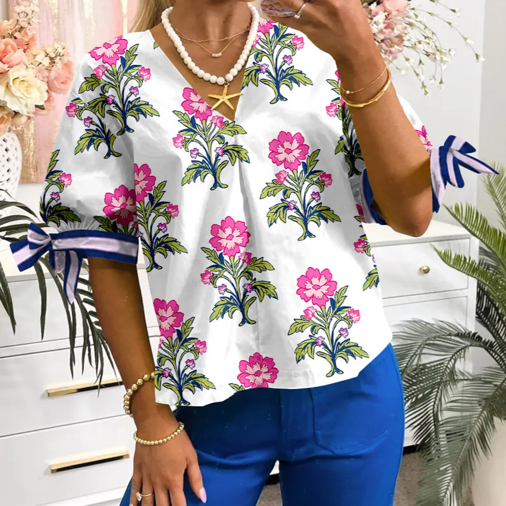 Striped Floral Tie Detail Blouse