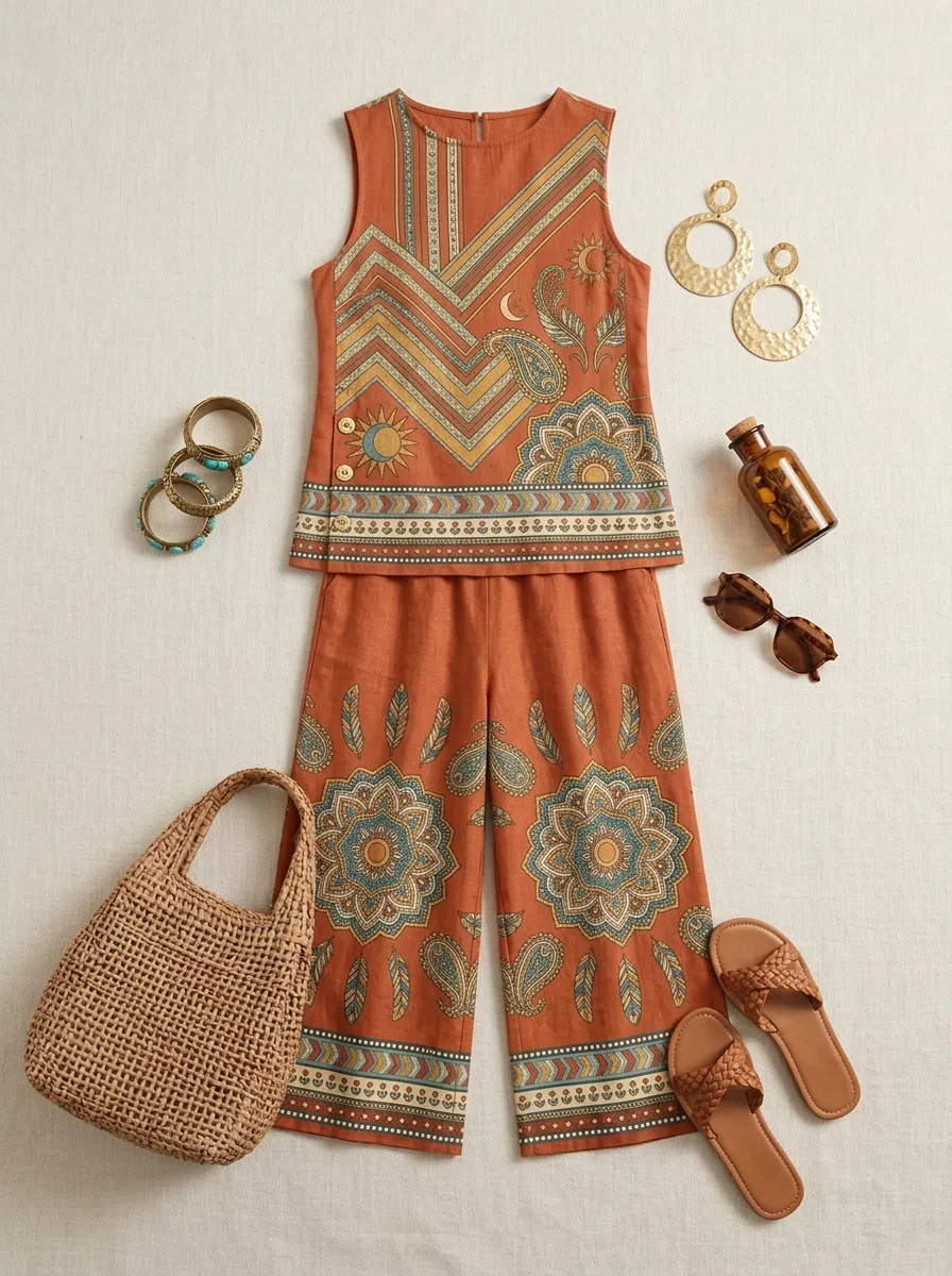 Women's Boho Ethnic Mandala Paisley Printed Sleeveless Set