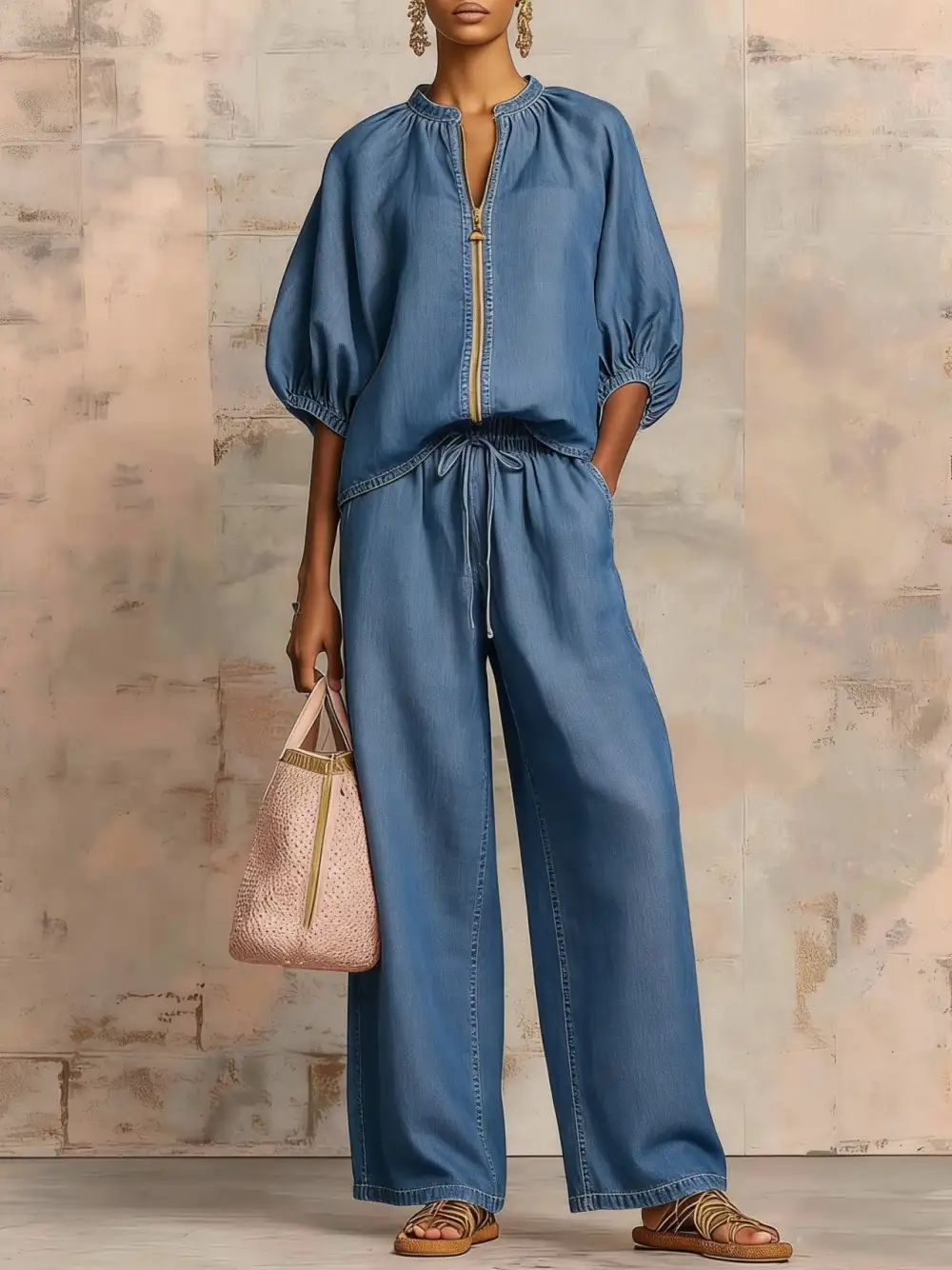 Wide-Leg Denim Stretch Women's Matching Set