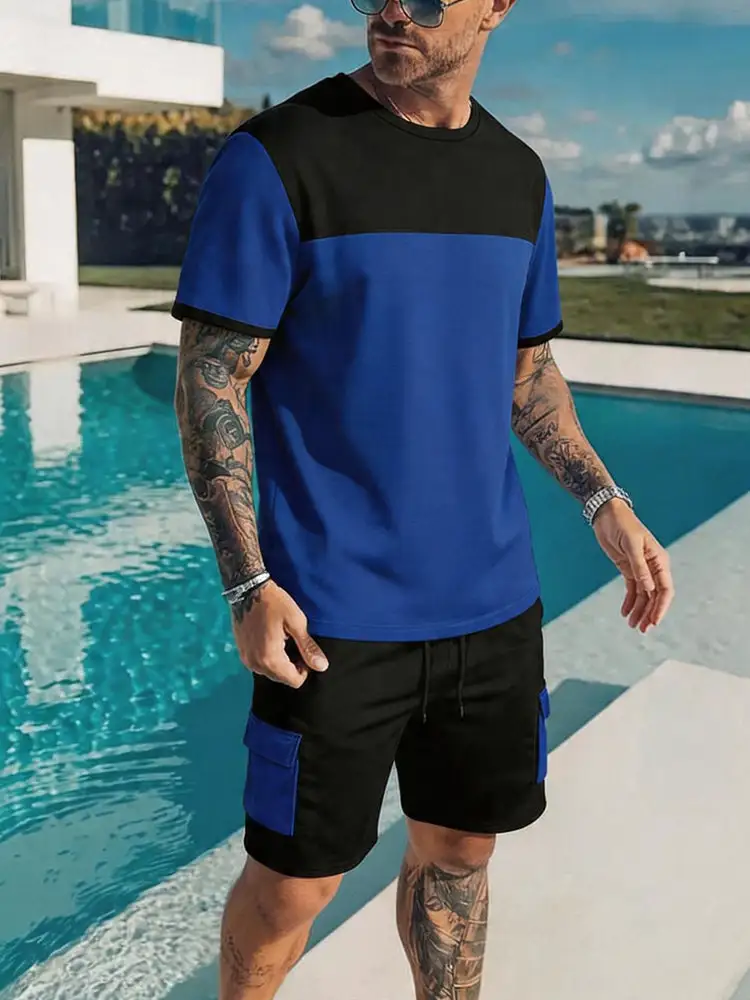 Casual Sporty Colorblock T-Shirt and Shorts Set