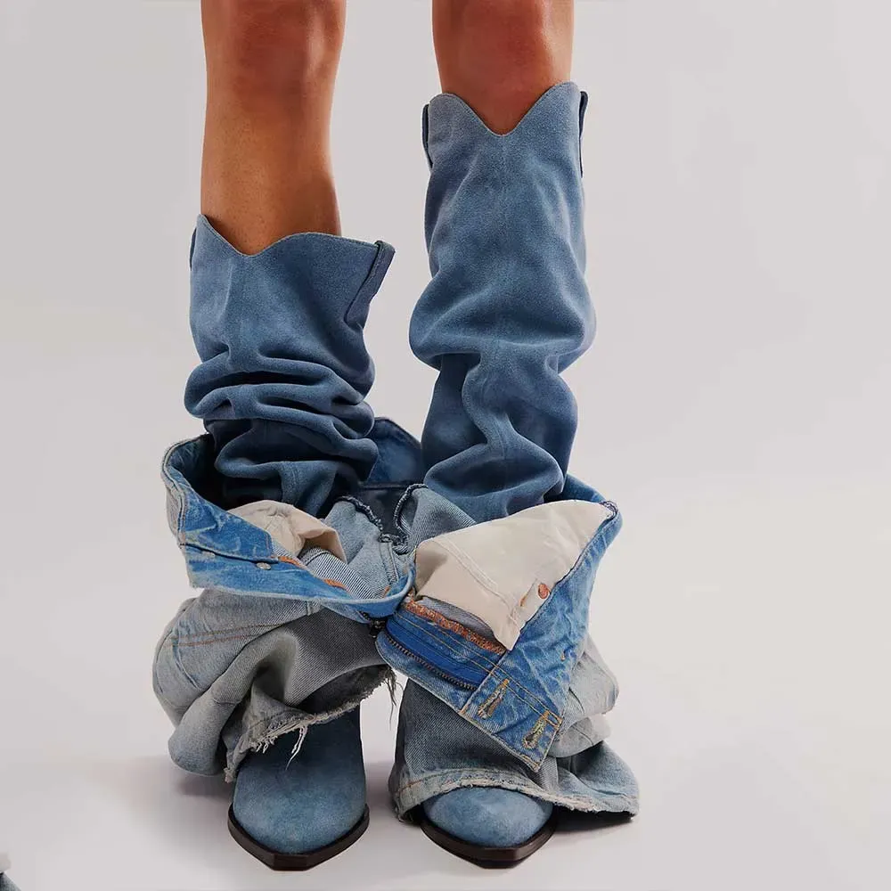Denim Slouch Pointed-Toe Chunky-Heel Over-the-Knee Boots