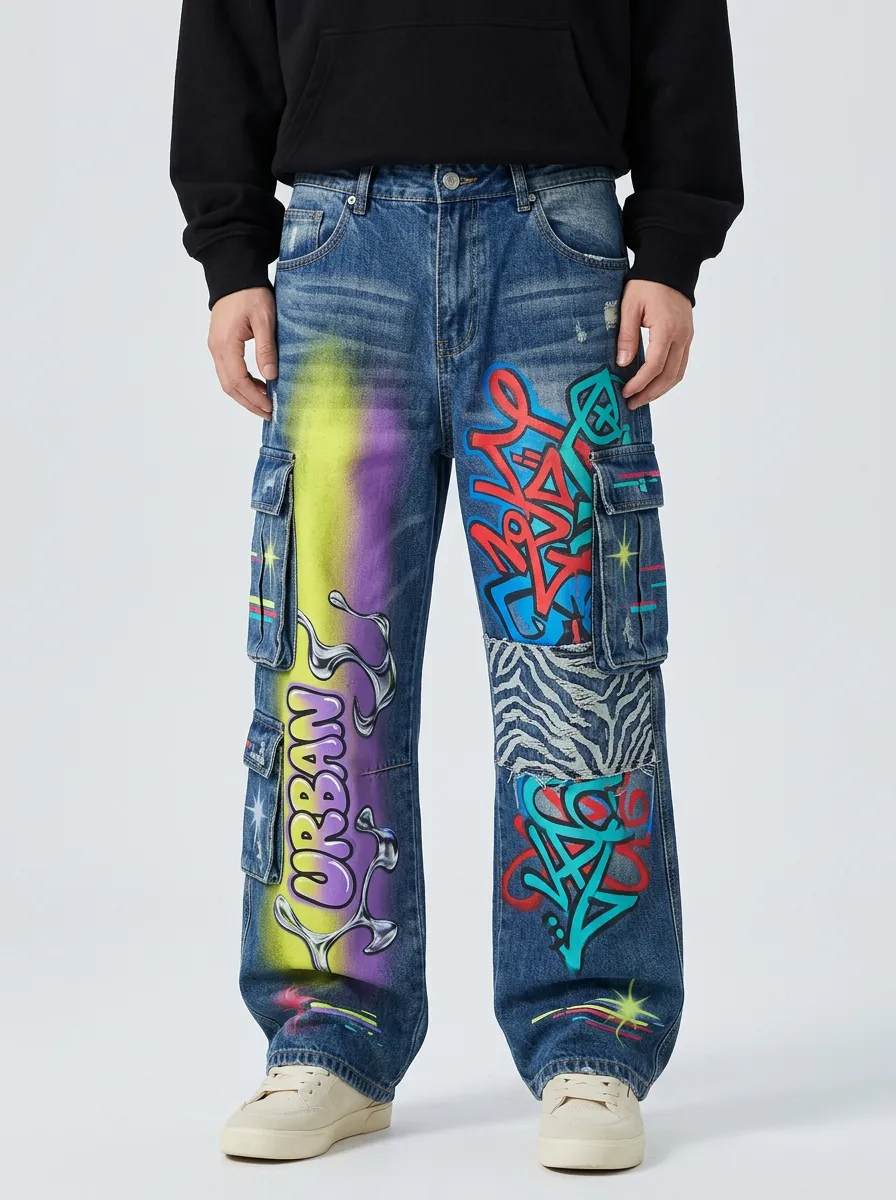 Men's Streetwear Urban Graffiti Print Zebra Pattern Graphic Cargo Jeans