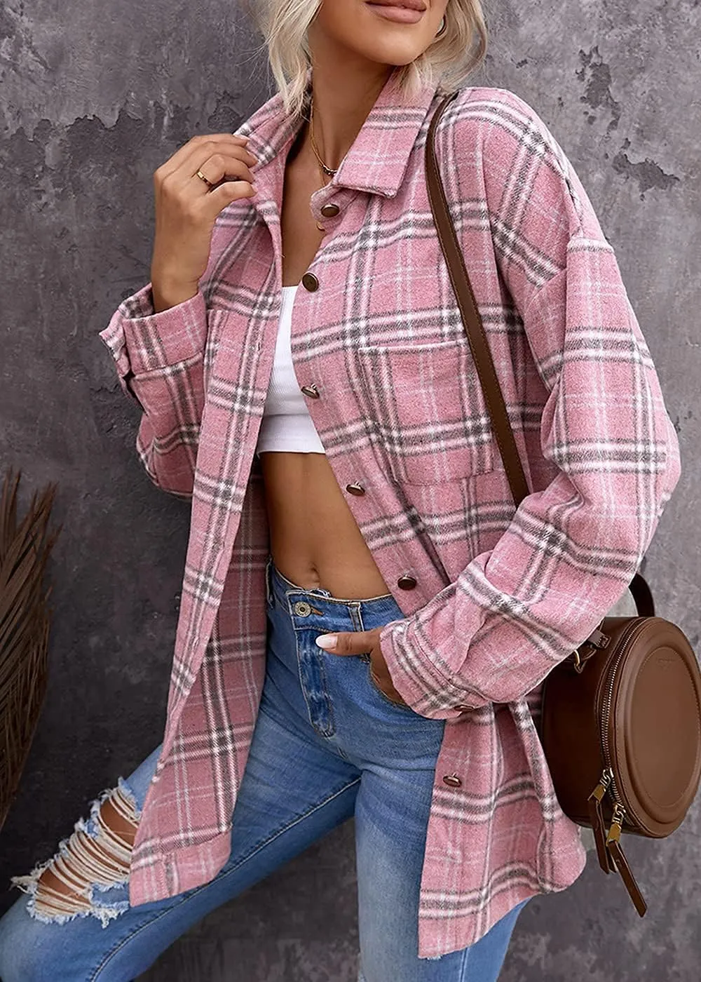 Women's 2023 Fall Clothes Plaid Shacket Jacket Long Sleeve Button Down Flannel Shirts Fashion Blouse