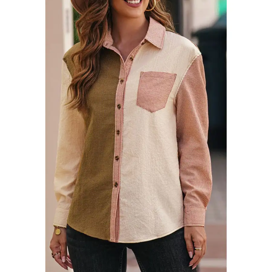 Contrast Plaid Button Down Long Sleeve Shirt
