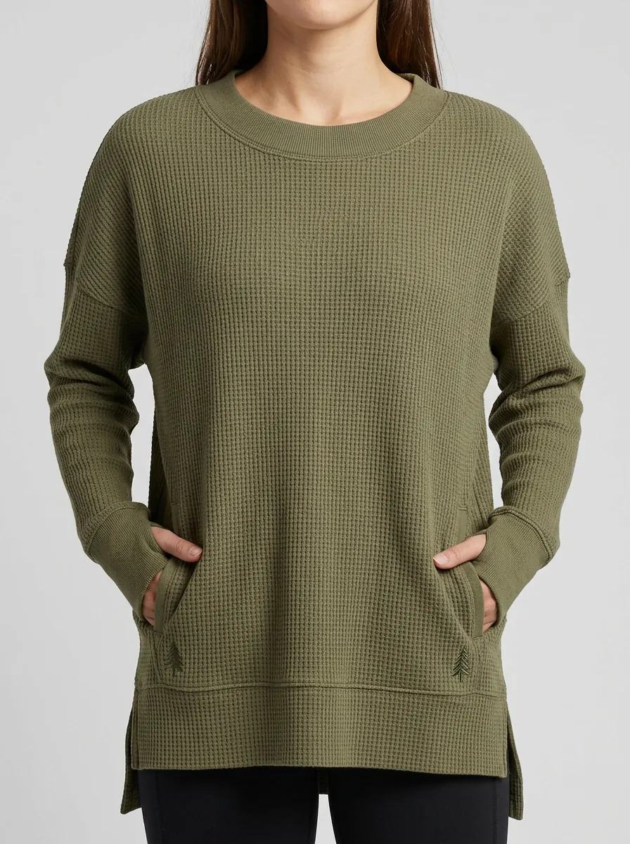 Women's Olive Waffle Knit Tree Embroidered Pocket Top