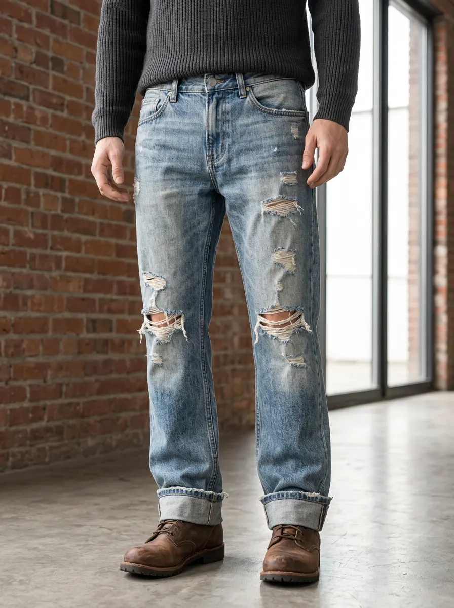 Men's Frayed Detail Ripped Jeans