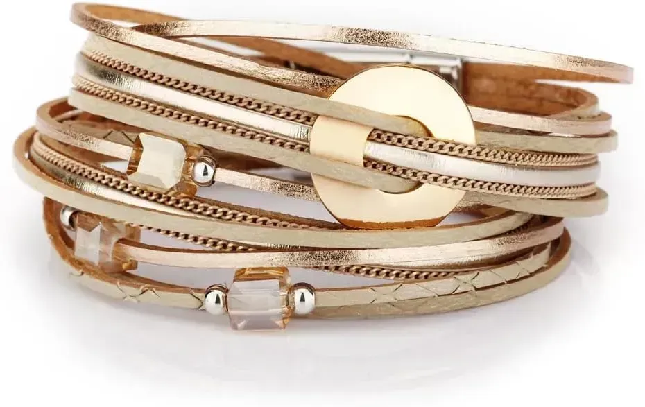 Fesciory Leather Wrap Bracelets for Women, Boho Leopard Multi-Layer Crystal Beads Cuff Bracelet Jewelry
