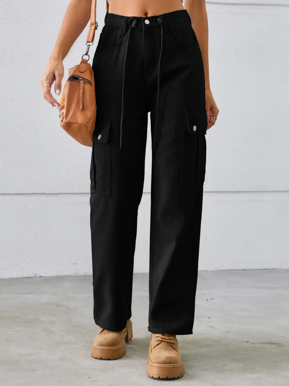 Drawstring Mid Rise Waist Straight Cargo Jeans