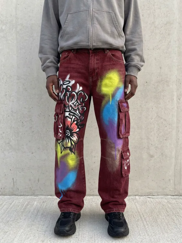Men's Graffiti Floral Spray Paint Graphic Cargo Jeans