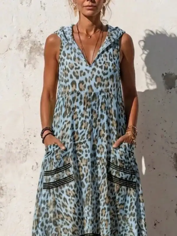 Sleeveless Hooded Leopard Print Maxi Dress With Pockets