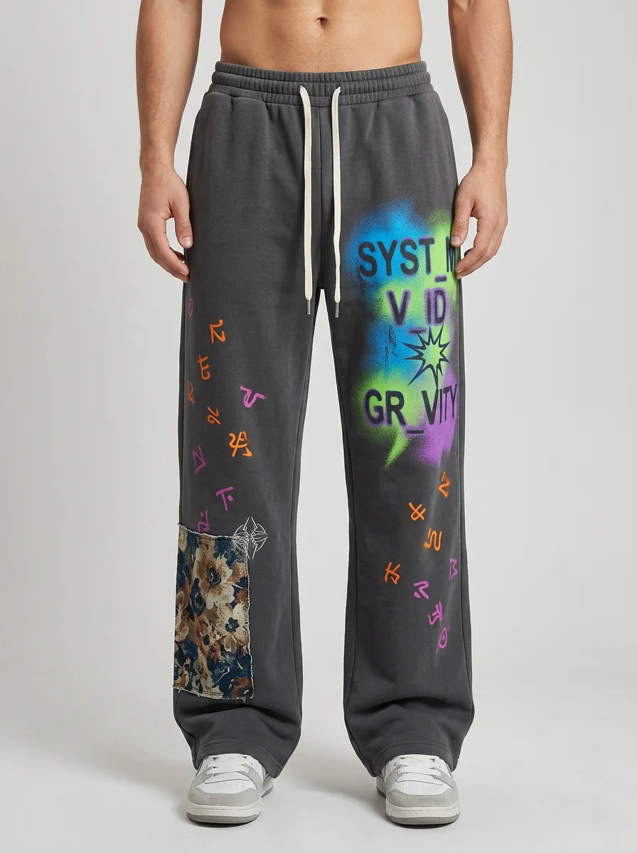 Men's Streetwear Graffiti System Gravity Floral Patch Printed Sweatpants
