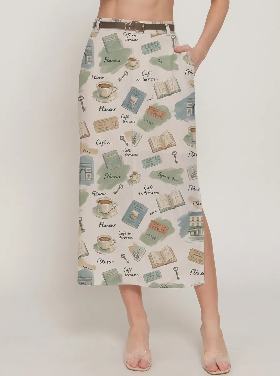 Women's Paris Cafe Book Lover Coffee Cup Printed Skirt