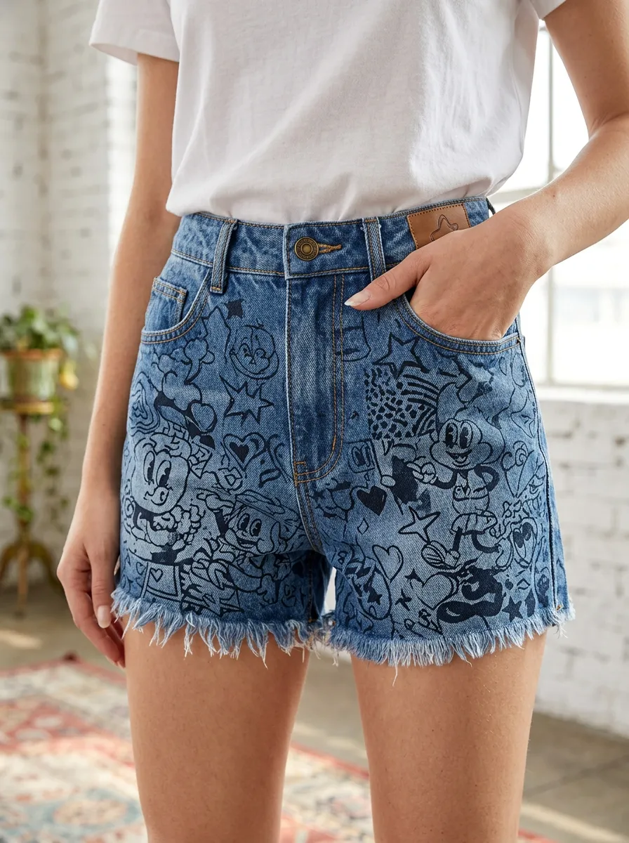 Women's Cartoon Character Heart Star Printed Denim Shorts