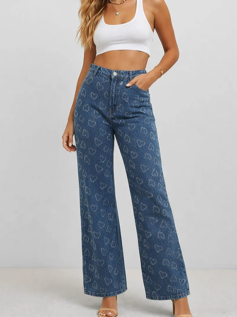 Valentine Heart Jacquard Button Wide Leg Denim Pants