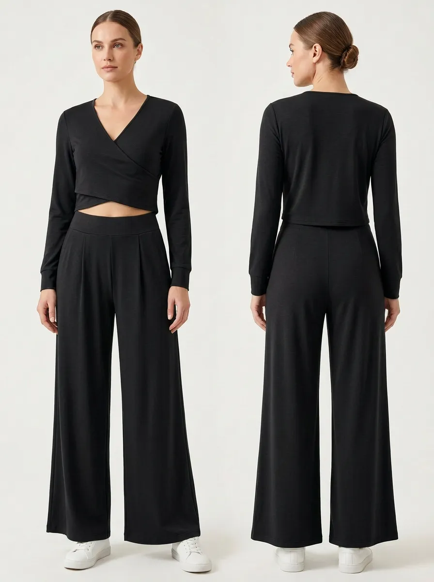 Women's Wrap V-Neck Crop Top and Pleated Wide-Leg Trouser Set