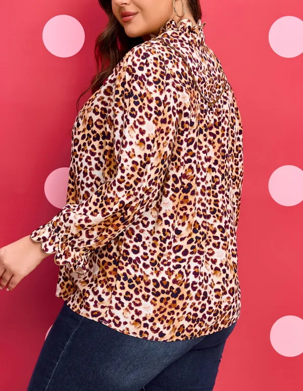 Women's Leopard Print Stand Neck Frilled Top