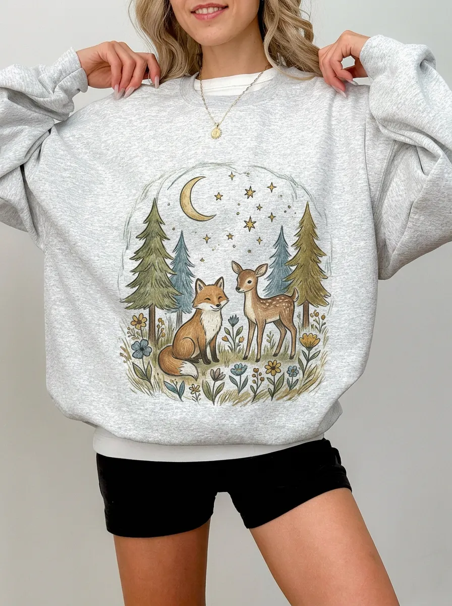 Women's Nature Fox and Deer Forest Graphic Sweatshirt