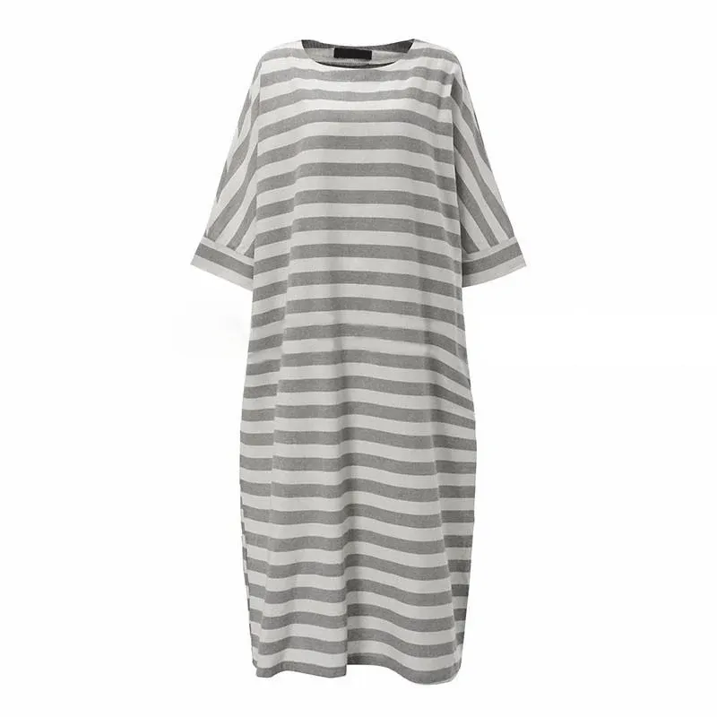 Striped Linen Blend Cotton Blend Maxi Tie Detail Dress