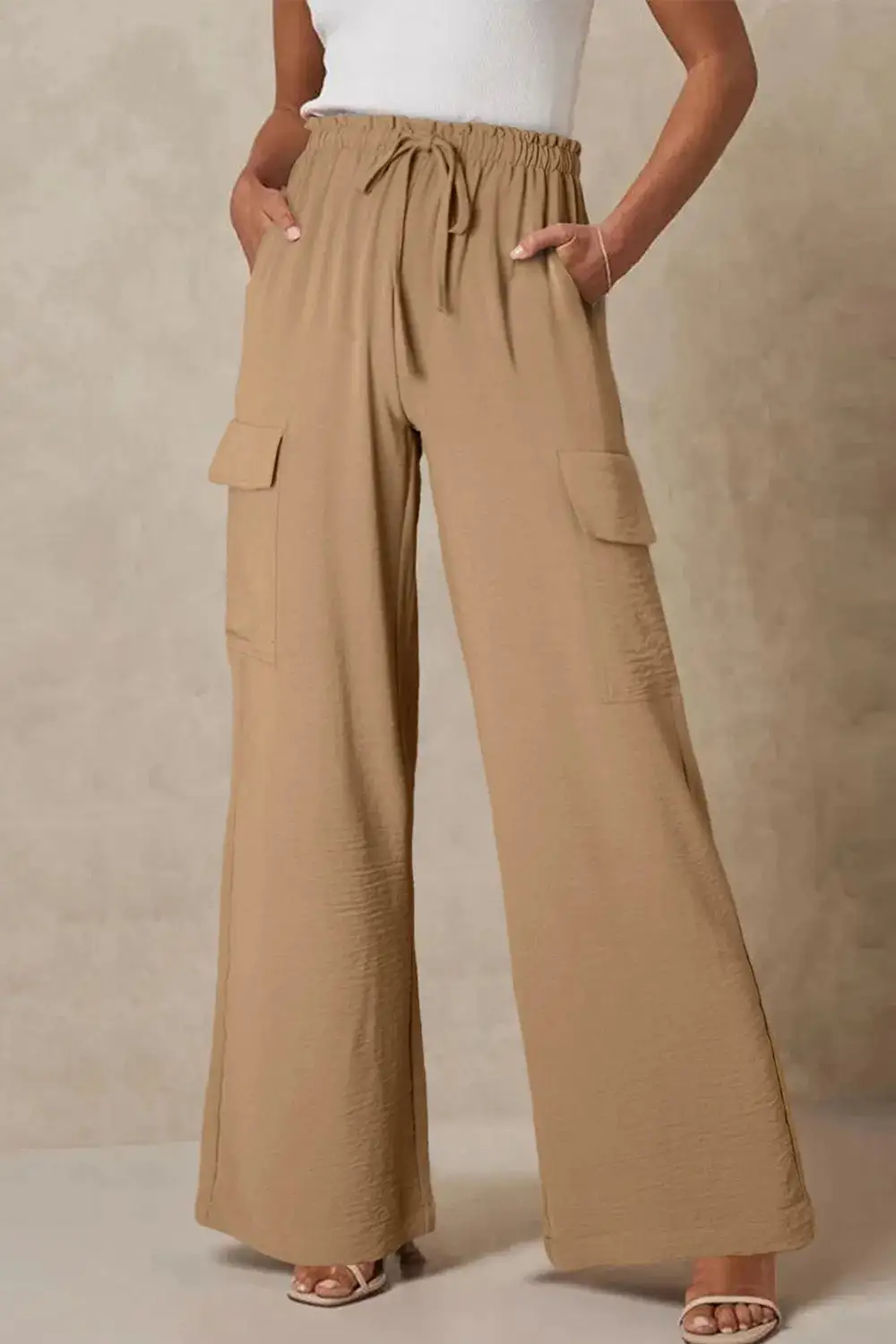 Drawstring Frilled Waist Wide Leg Utility Trousers