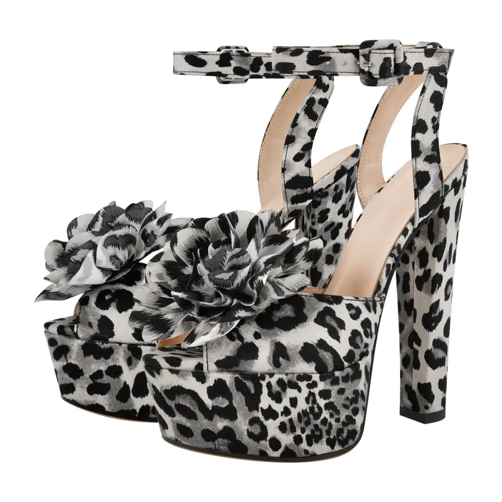 Leopard Platform Flower Ankle Strap Sandals