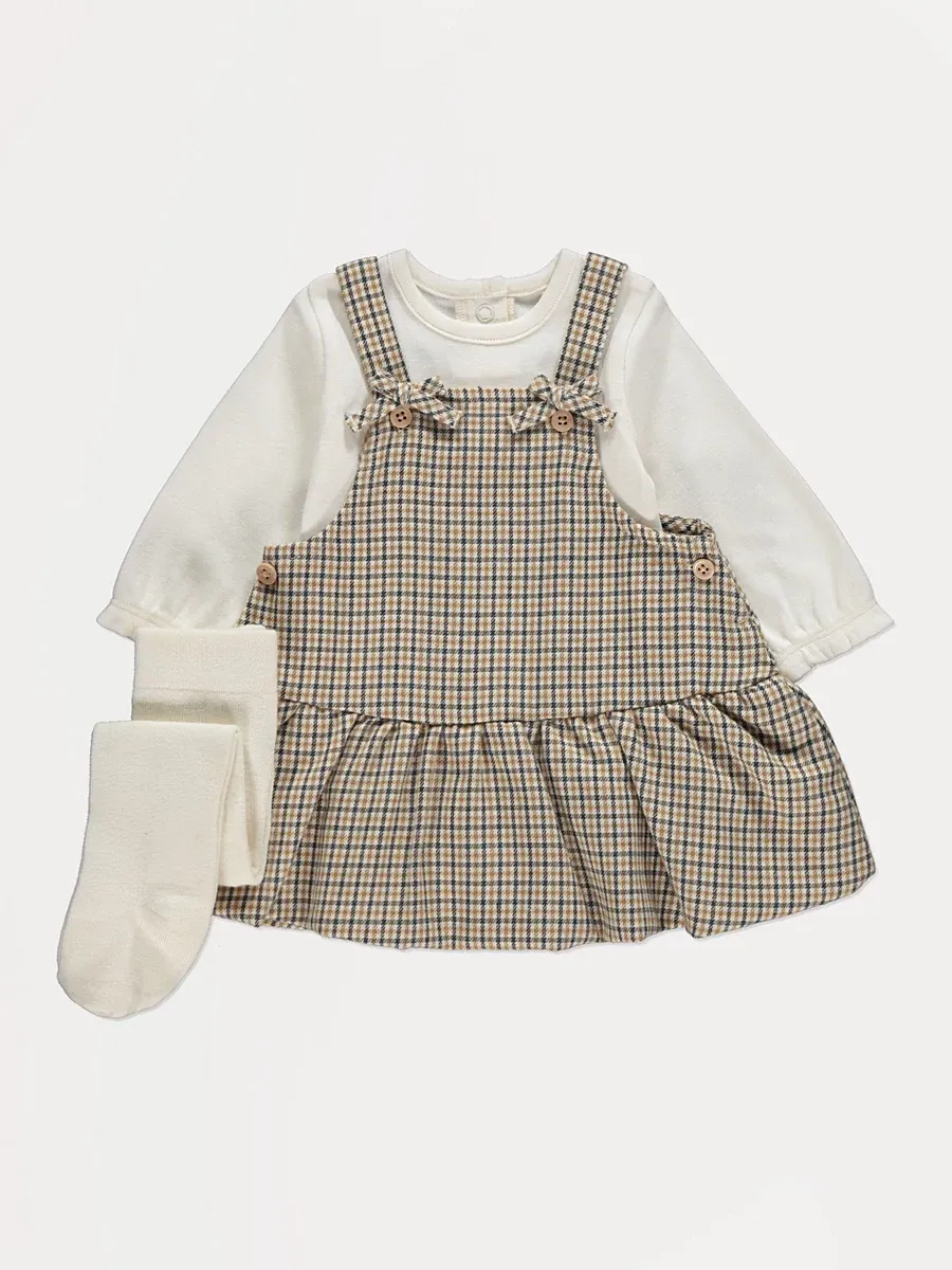 Mustard Check Pinafore and Bodysuit Outfit with Tights
