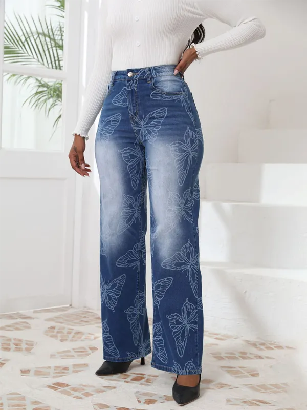 High-Waist Pocketed Butterfly-Print Straight Leg Jeans