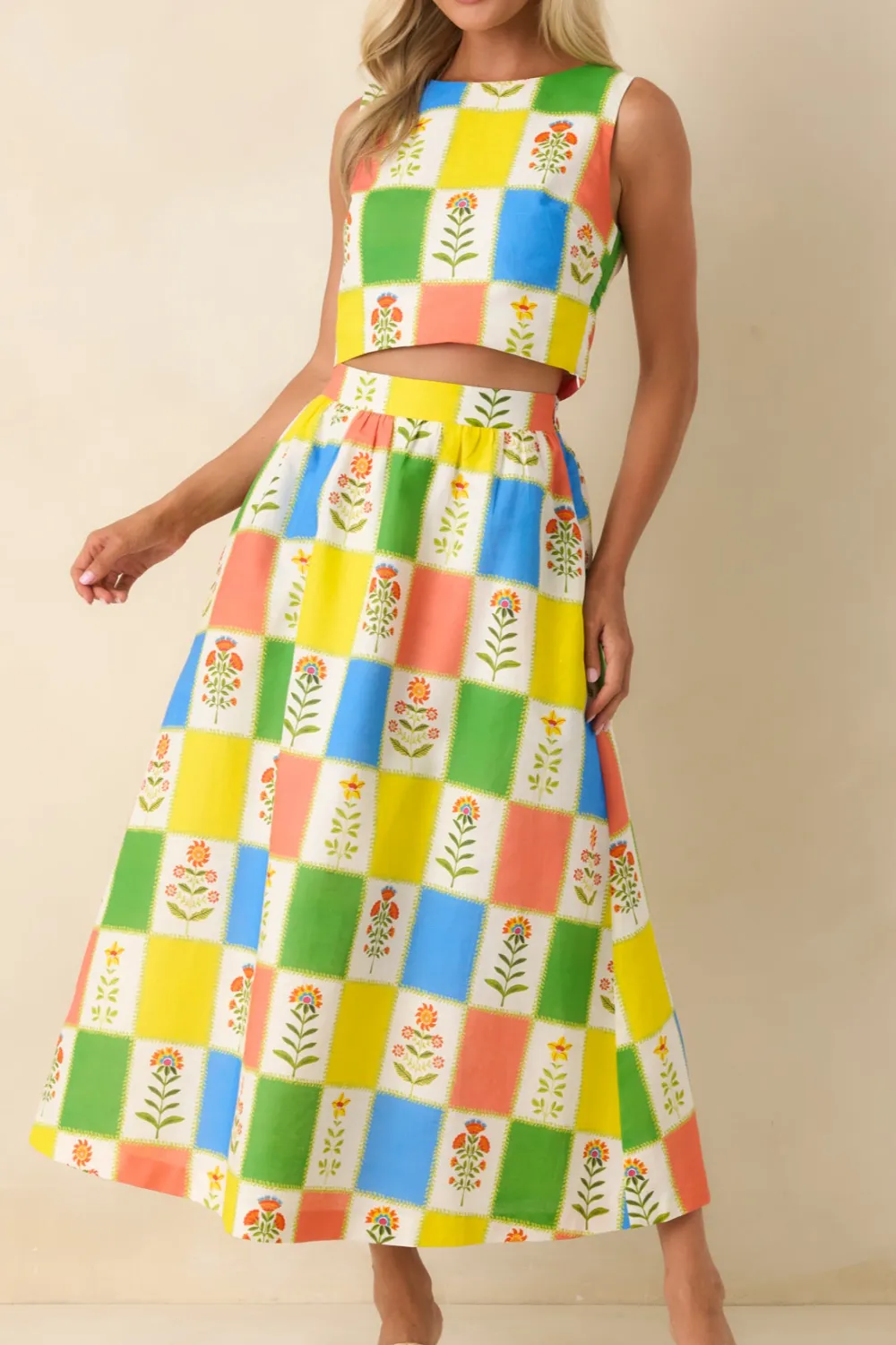 Maddie Multi Floral Patchwork Linen Blend Maxi Skirt