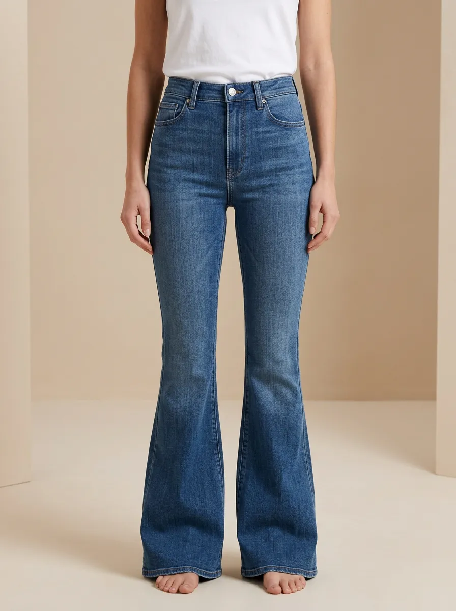 Vintage Inspired Faded Finish High Rise Flare Jeans